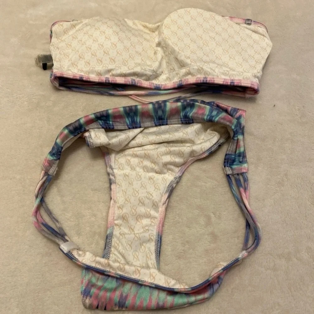 Victoria's Secret Multi Strap Back Watercolor Bikini in Pink, Blue & White